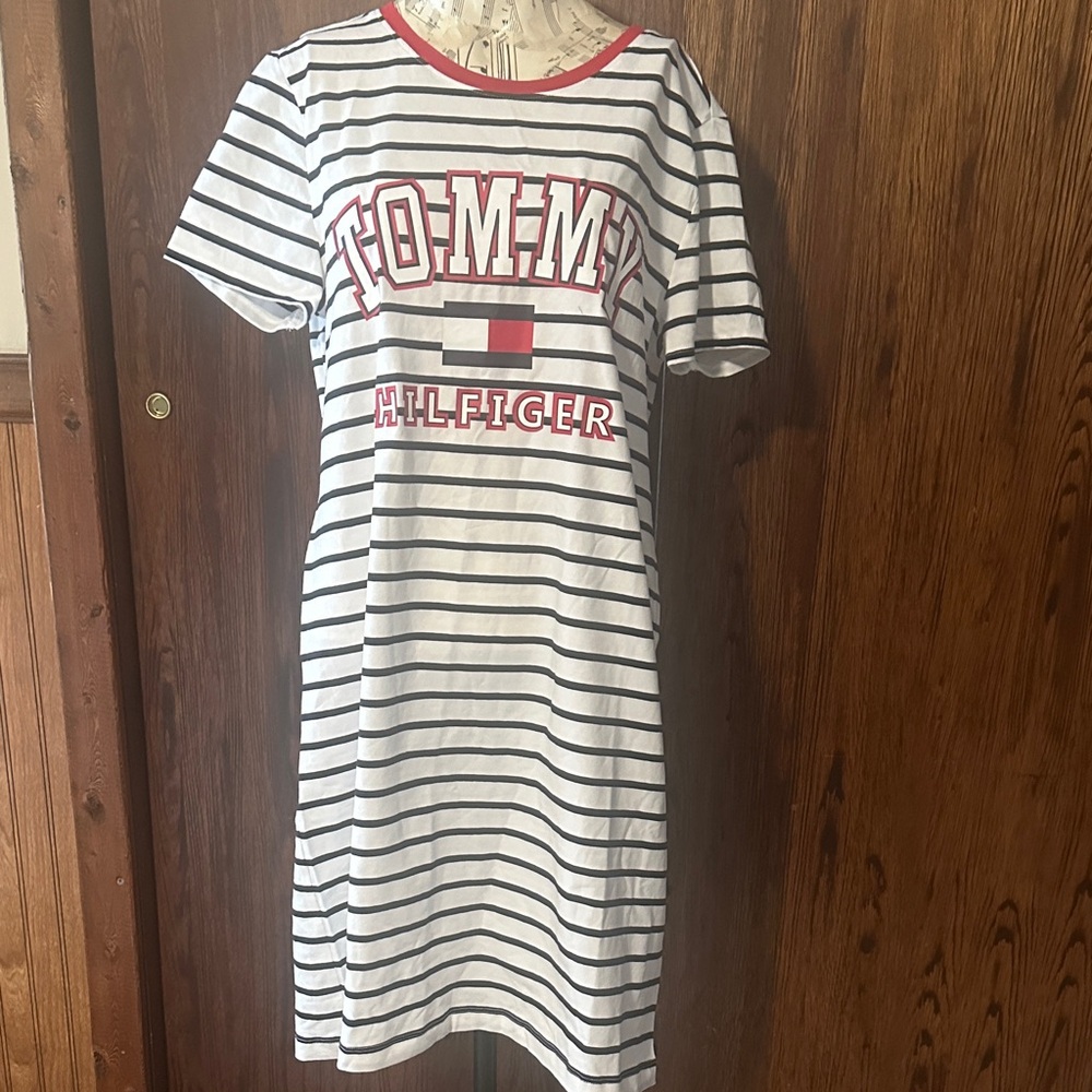 Tommy Hilfiger White and Black Striped Midi Dress